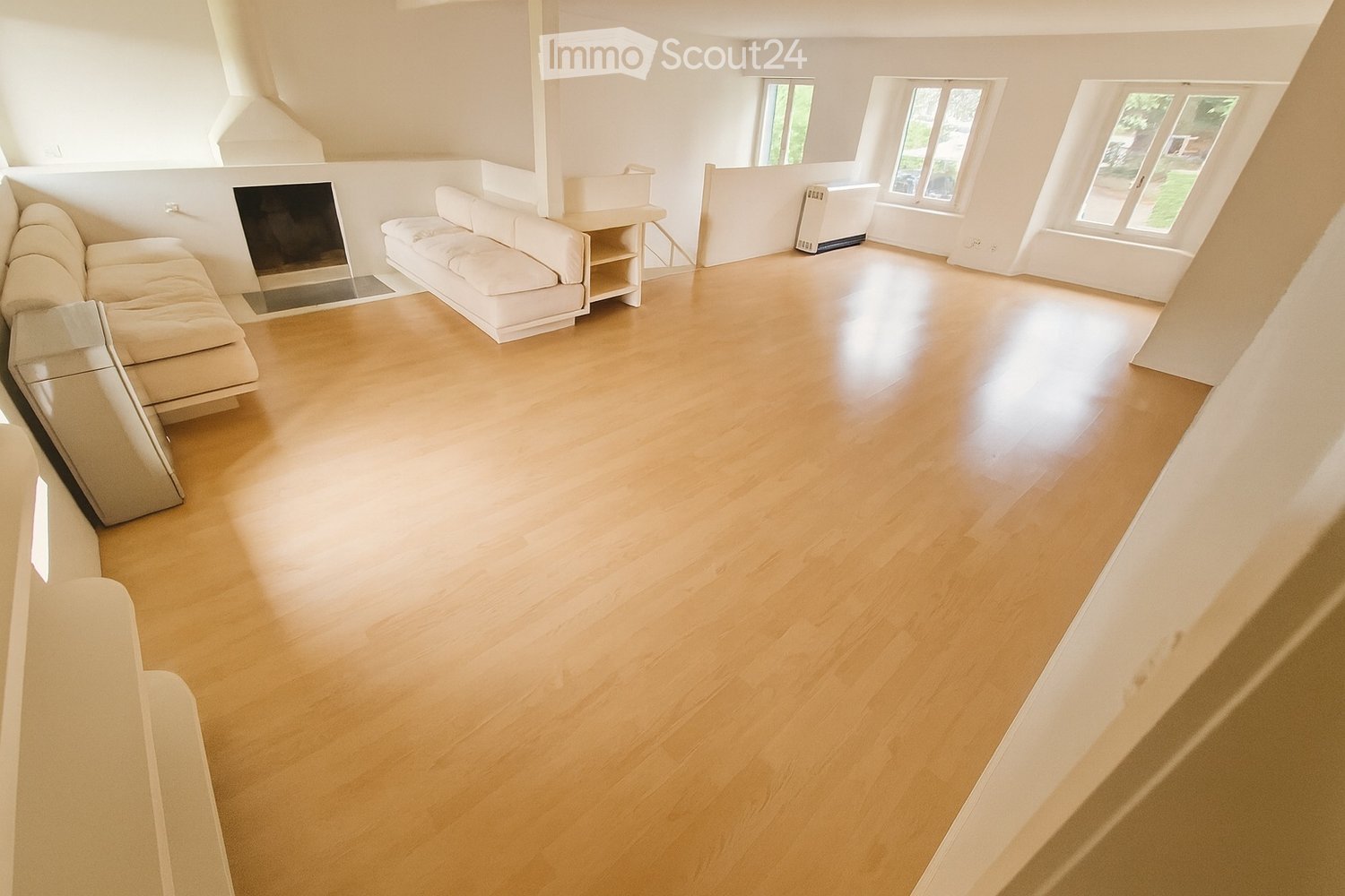 empty room, wooden floor, fireplace, couch, white walls