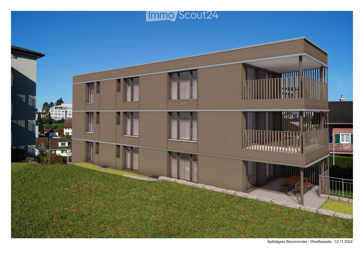 three story building, brown facade, multiple windows, balconies on each floor