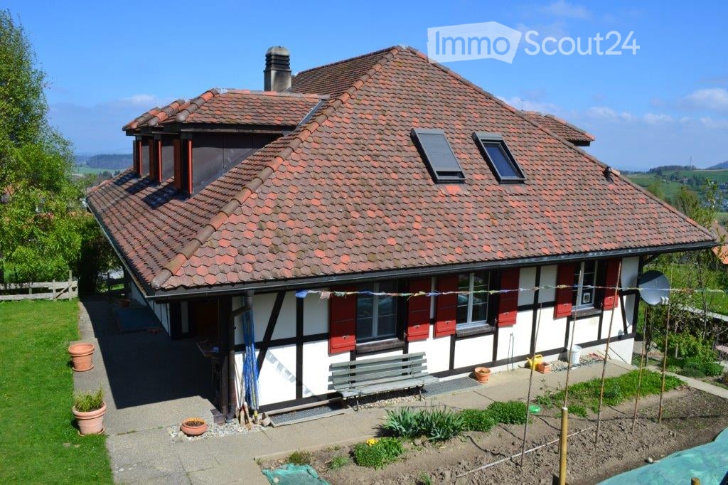 A single story house with red roofs and red shutters, garden with vegetables, two large windows, two sky lights, satellite dish