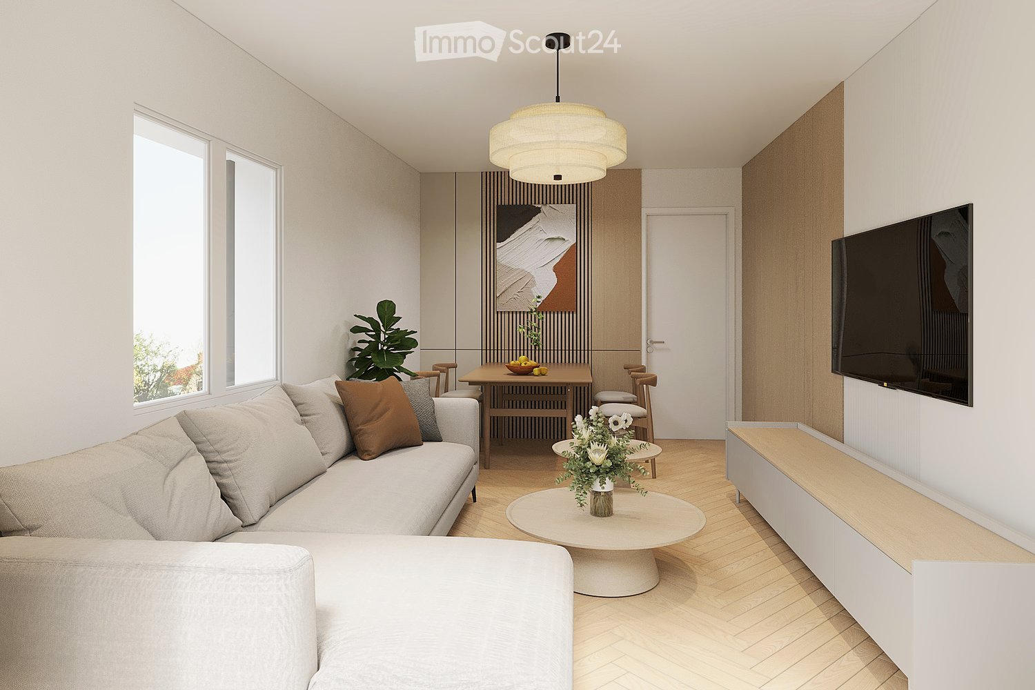 grey couch, table, wooden flooring, large windows, flat screen tv, dining table