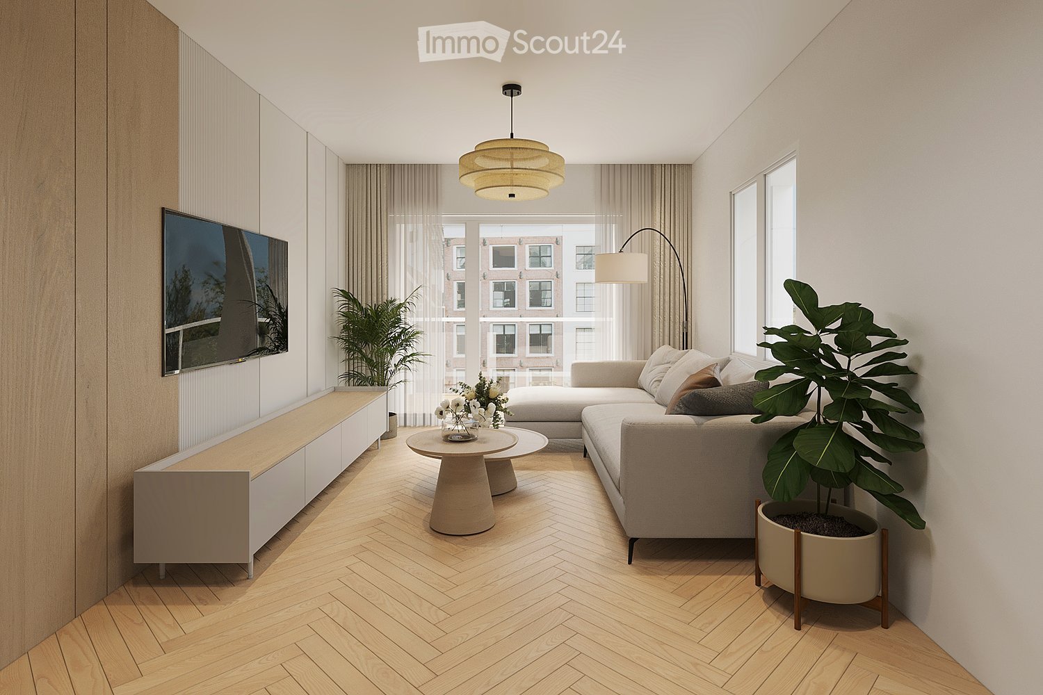 wooden floor, grey couch, beige coffee table, floor lamp, TV, window, plant