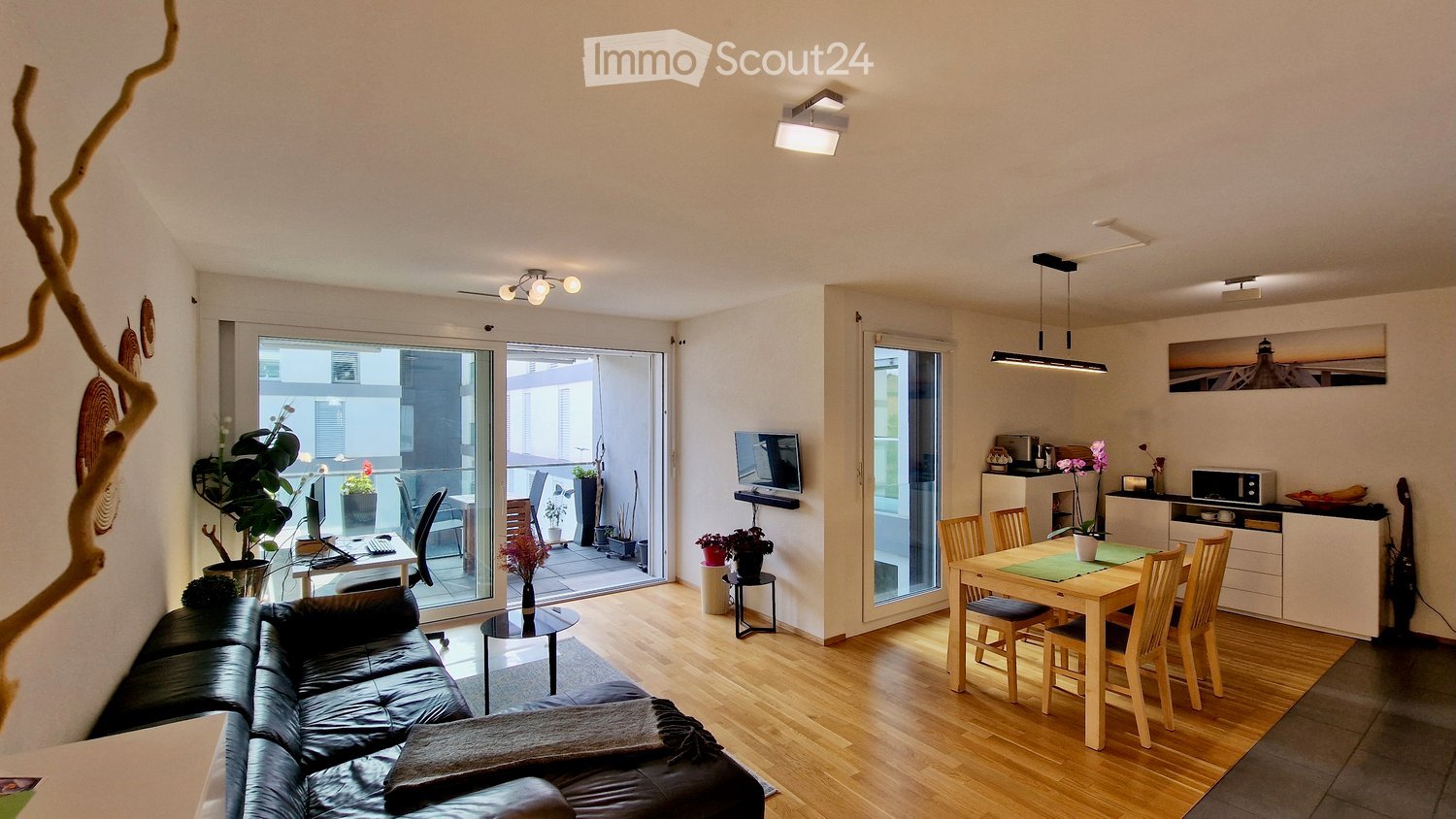Living room: large windows with terrace, TV, wooden dining table, microwave, cabinet, black sofa, carpet, wall decoration, potted plants