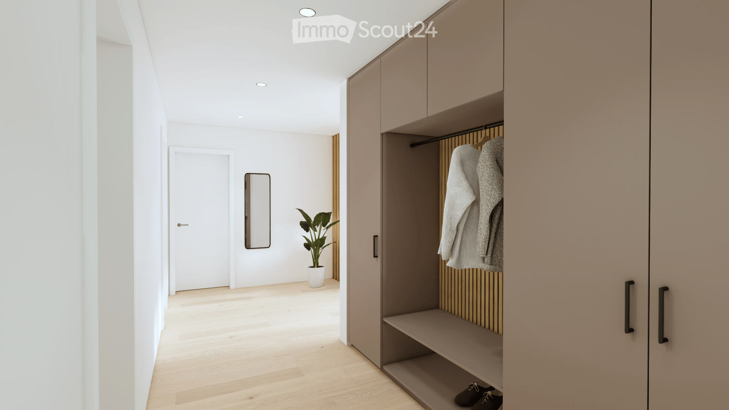 wooden floor, white walls, modern design, large closet with wooden paneling and shoes, potted plant, mirror on wall