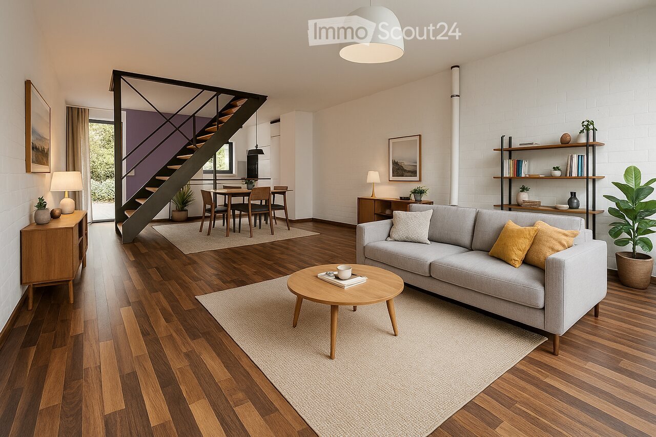 Hardwood floor, open staircase, dining table, gray sofa, side table, carpet, lamps