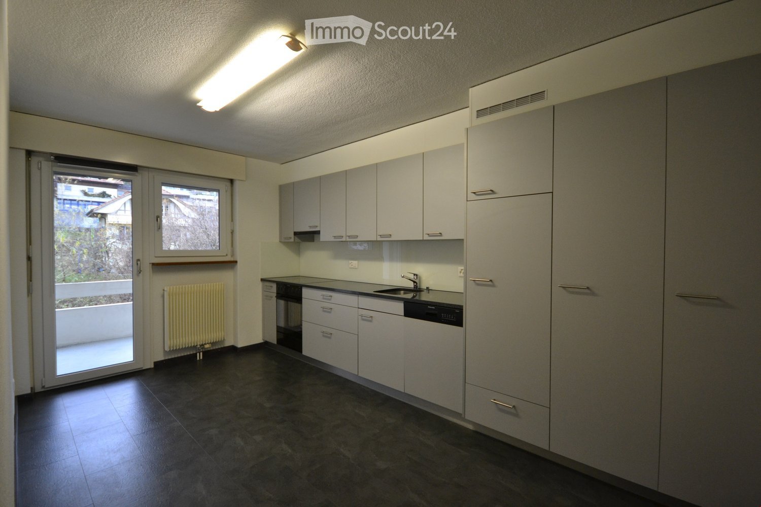 white kitchen, balcony, washer