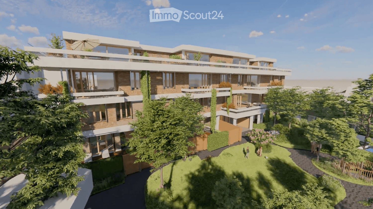 modern multistory building, brick and glass exterior, balconies, entrance with wooden doors, garden, trees, green lawns