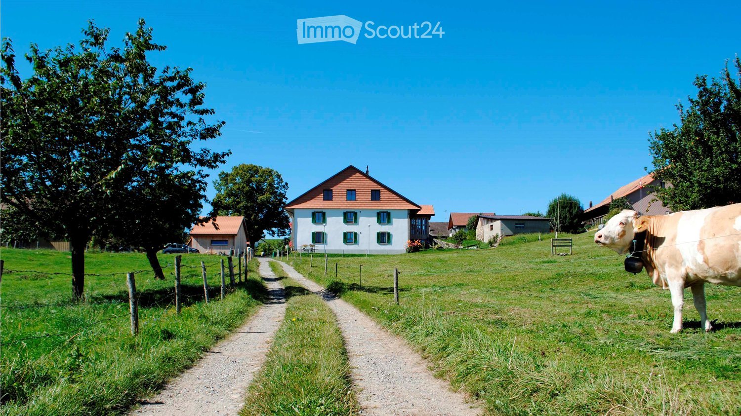 A large white house on a hill, multiple houses in the background, a road leading up to it, with a cow on the side