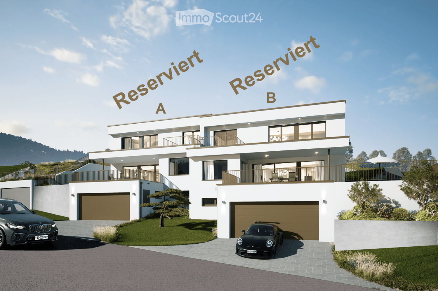 two houses side by side, each with 2 garages, balcony, and terrace