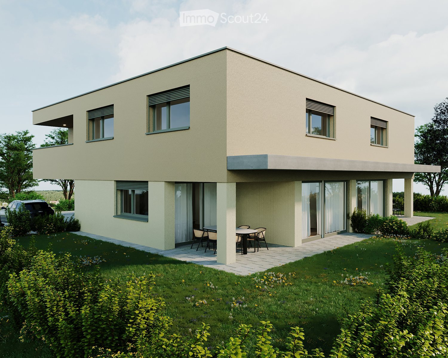 Modern two-story house, beige color, with large windows, balcony on the second floor, and a small patio in front.