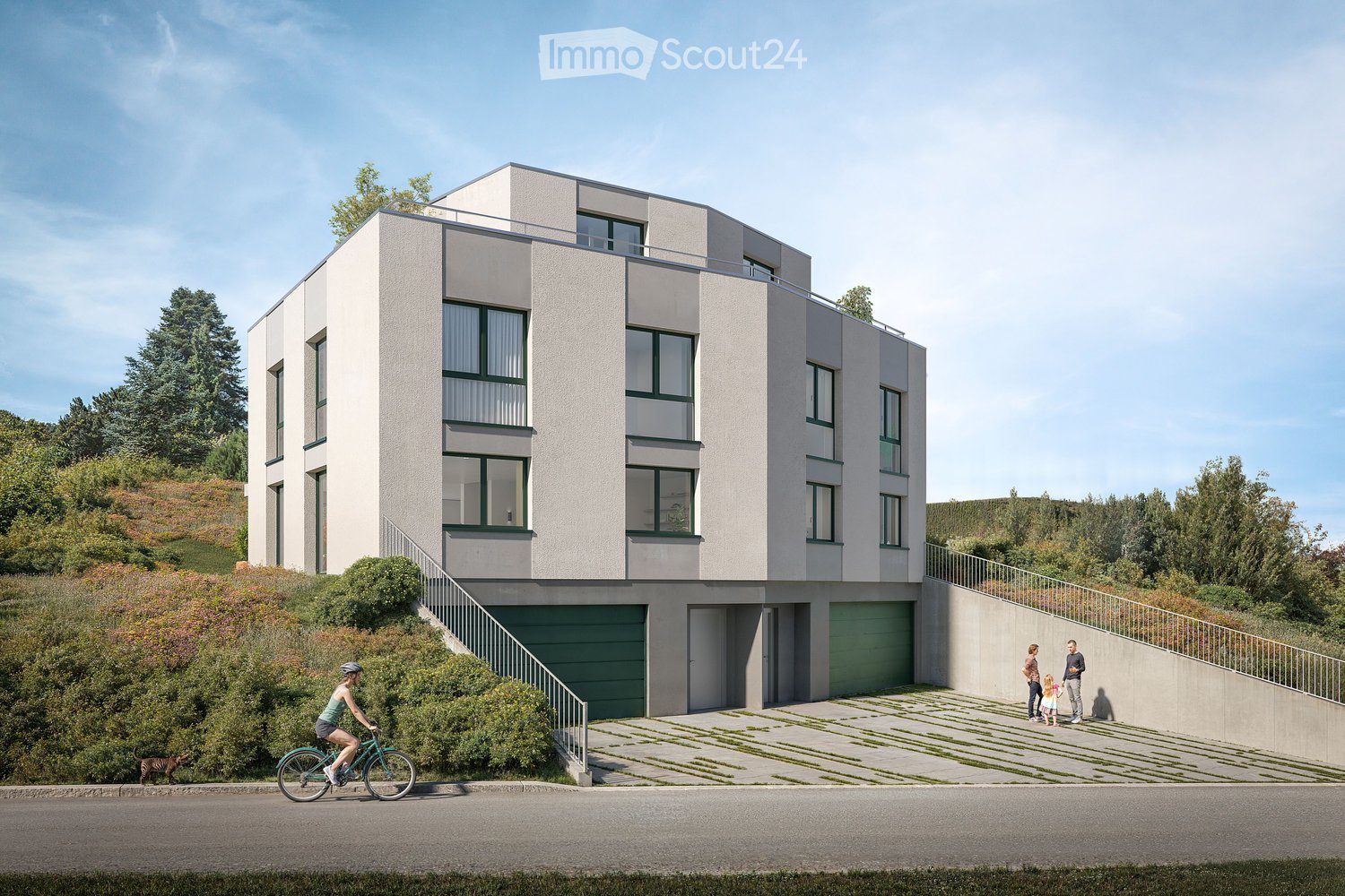 Multistory building, raised ground floor, multiple windows, 2 garages, sloped roof, metal railings