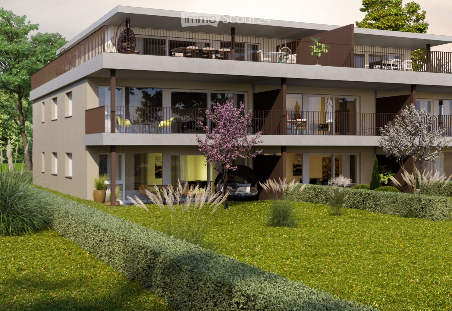 2 story building, concrete wall, large windows, terrace on each floor, trees and grass in front