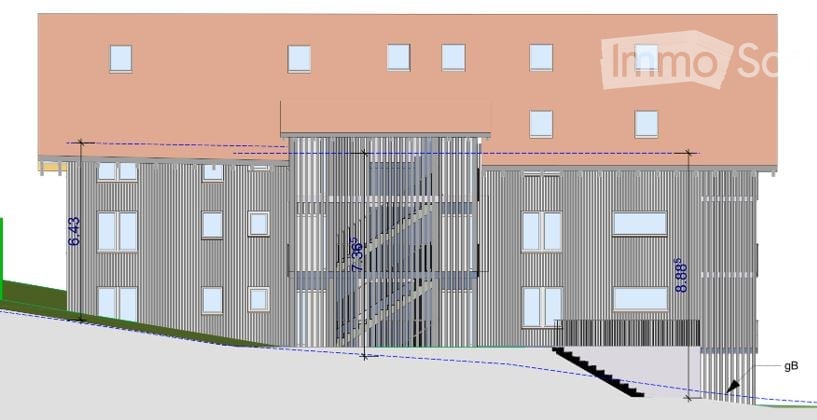 2 floors, raised ground floor, staircase, windows, green slope