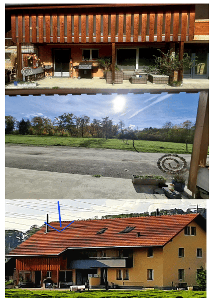 2 story house, wooden exterior, tiled roof, balcony, garage, clear view of the green field, well-manicured garden