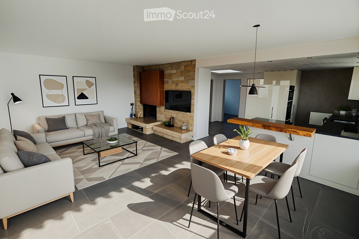 an open living room, a dining table, white chairs, fireplace, flat screen television, couch, lamp