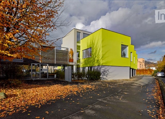 Modern green and white house with balcony