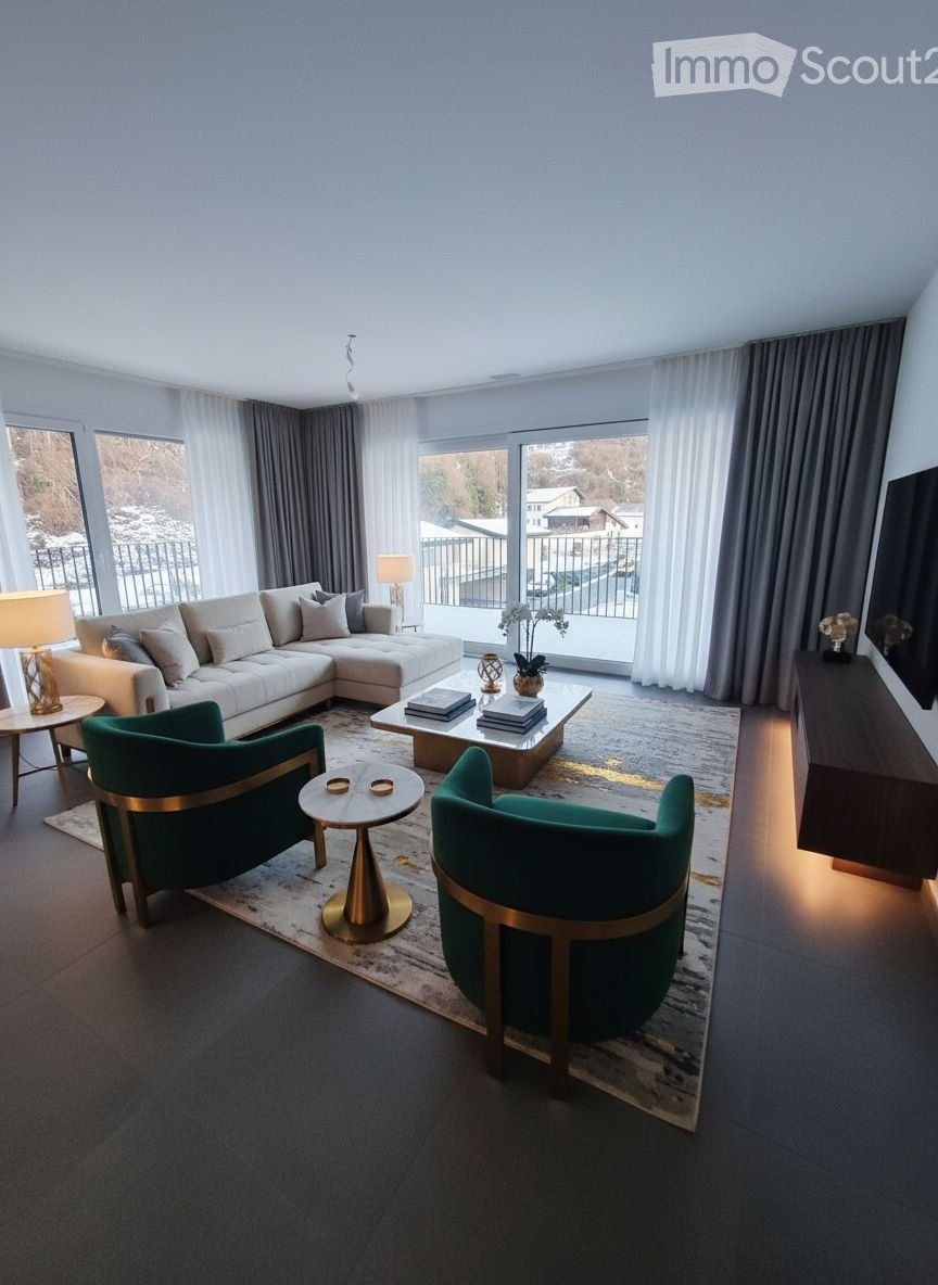 Contemporary living room with beige sectional sofa, coffee table, area rug, two green accent chairs, and round side tables. Three windows have black railings outside. Large flat screen television on a stand. Bright lighting.