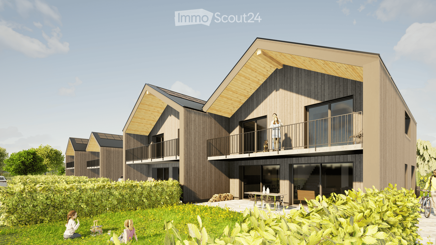 modern architectural design, 3 story townhouse, wood and concrete, large windows, front terrace, outdoor area with plants, people standing on the balcony