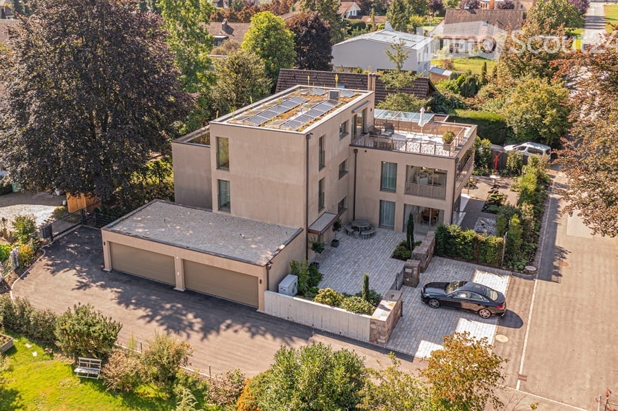 Modern 3-story house, green roof, garage, solar panels, swimming pool