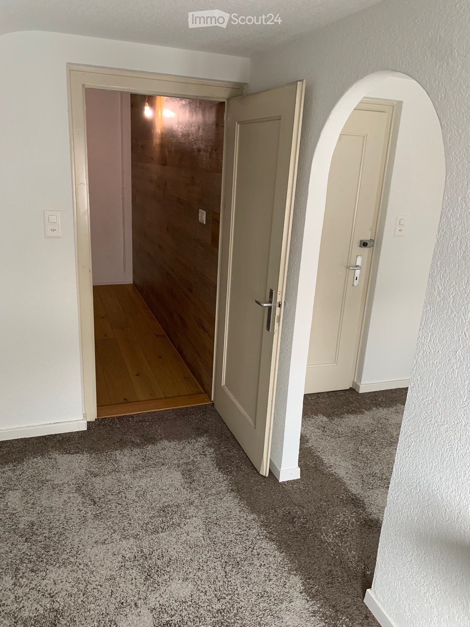 empty room, light wood flooring, light wood closet, open door to another room