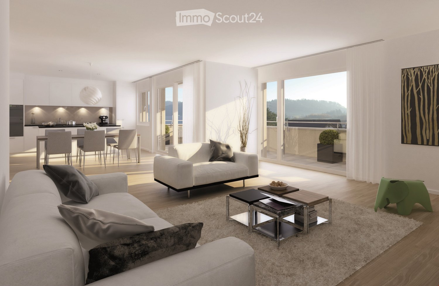 modern design, white couch, glass coffee table, balcony, kitchen with island, dining table, white cabinets, wooden floor, natural light, view of landscape