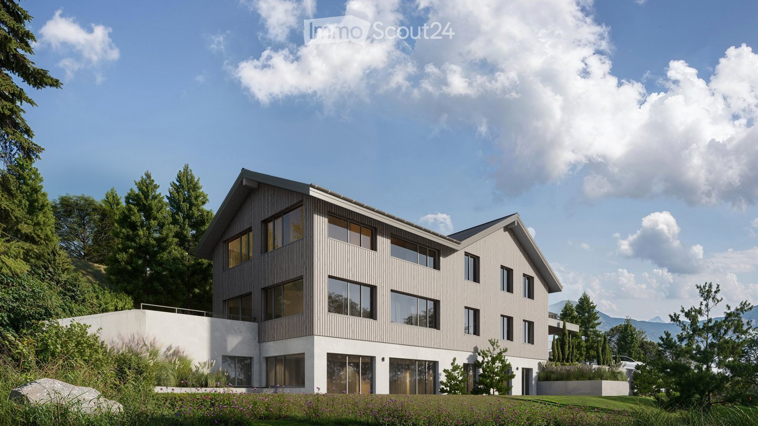 Modern house, concrete walls, glass windows, white exterior, surrounded by trees, grass, shrubs, mountains in the background