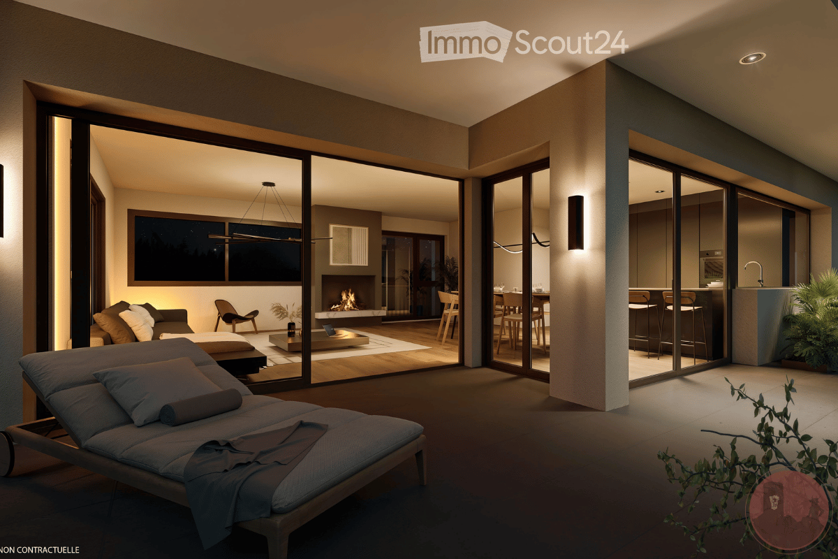 Open space with living room, dining room, and kitchen, fireplace, glass walls, lounge area