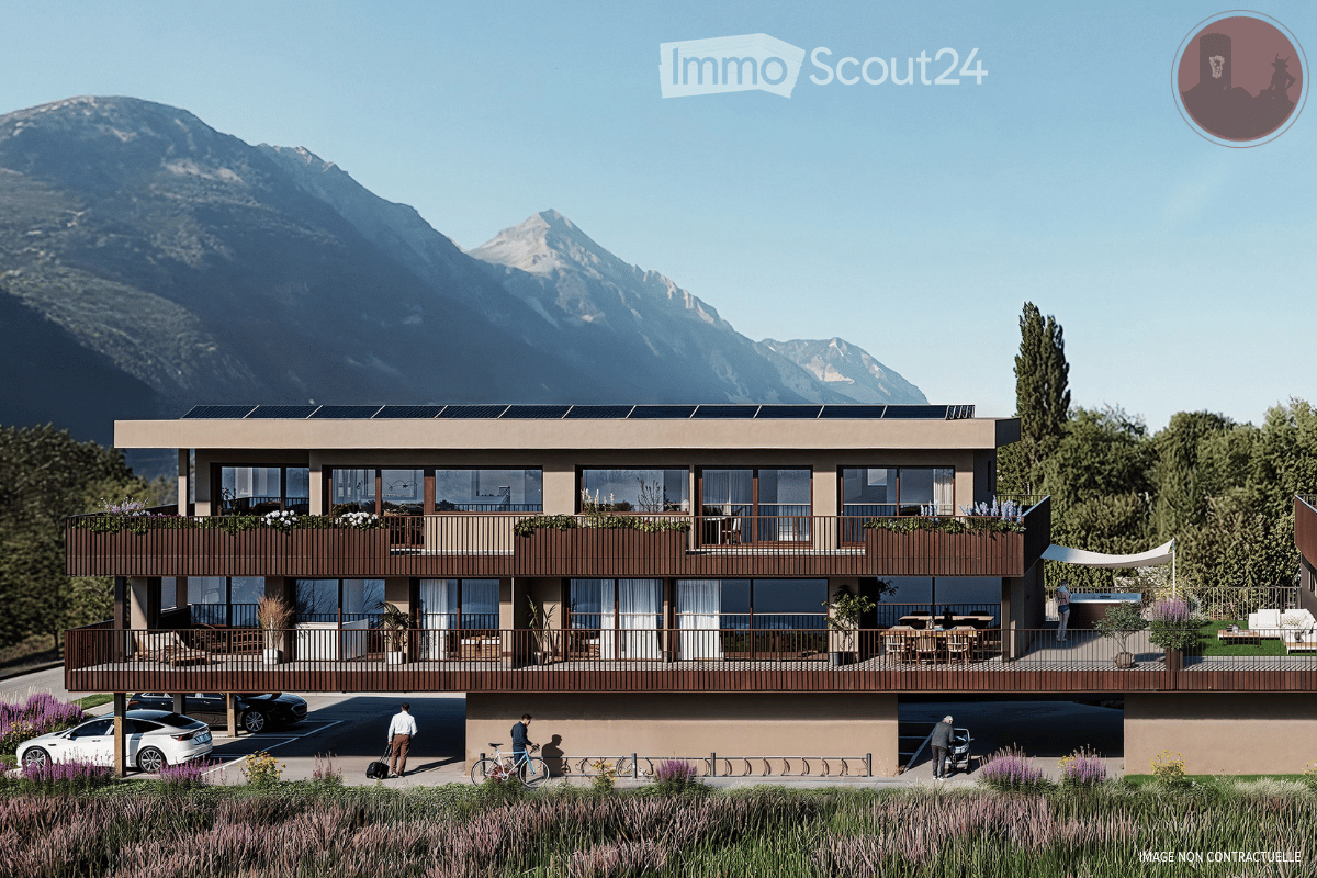 3-storey building, solar panels, terraces, parking in front, garden, walking path