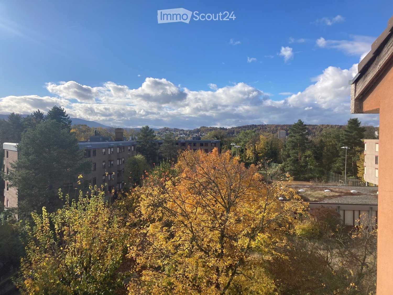 Apt. buildings, street, street lights, trees, mountains
