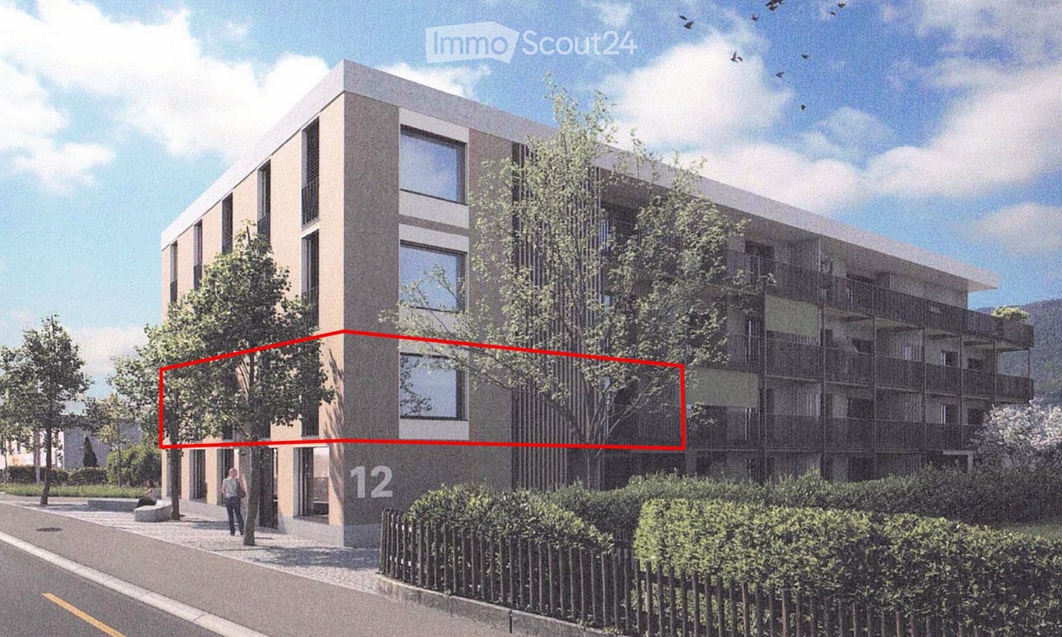 Apartment building, 5 stories, concrete exterior, balcony on some floors