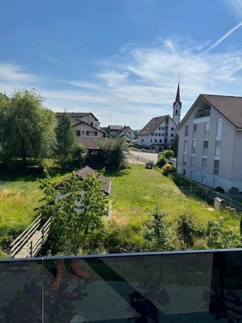 Building view, multiple houses, church, lush greenery, grassy field, wooden fence, road, clear blue sky