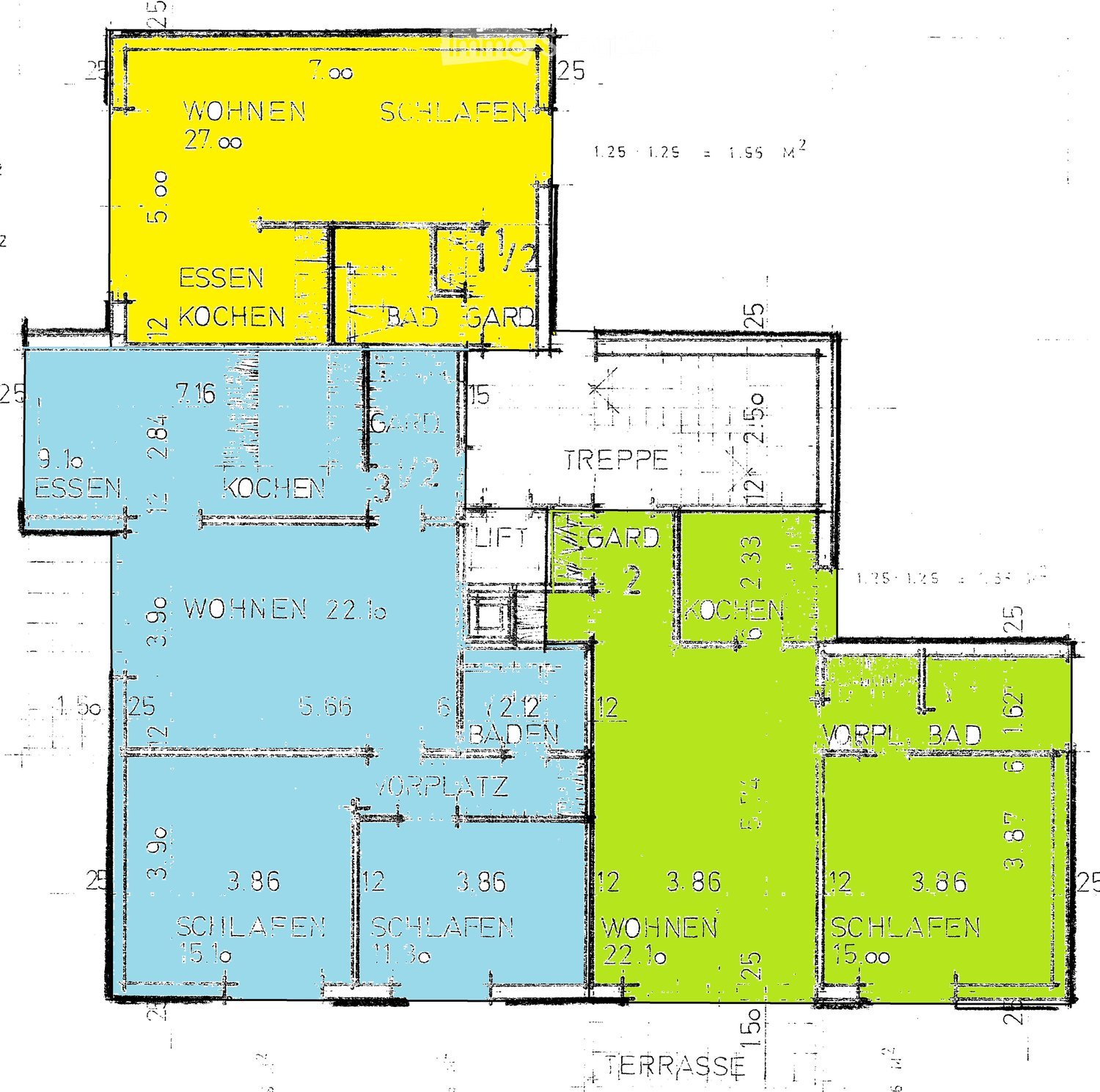 Three bedrooms, Two bathrooms, two kitchens, living rooms, a place for stair, terrace