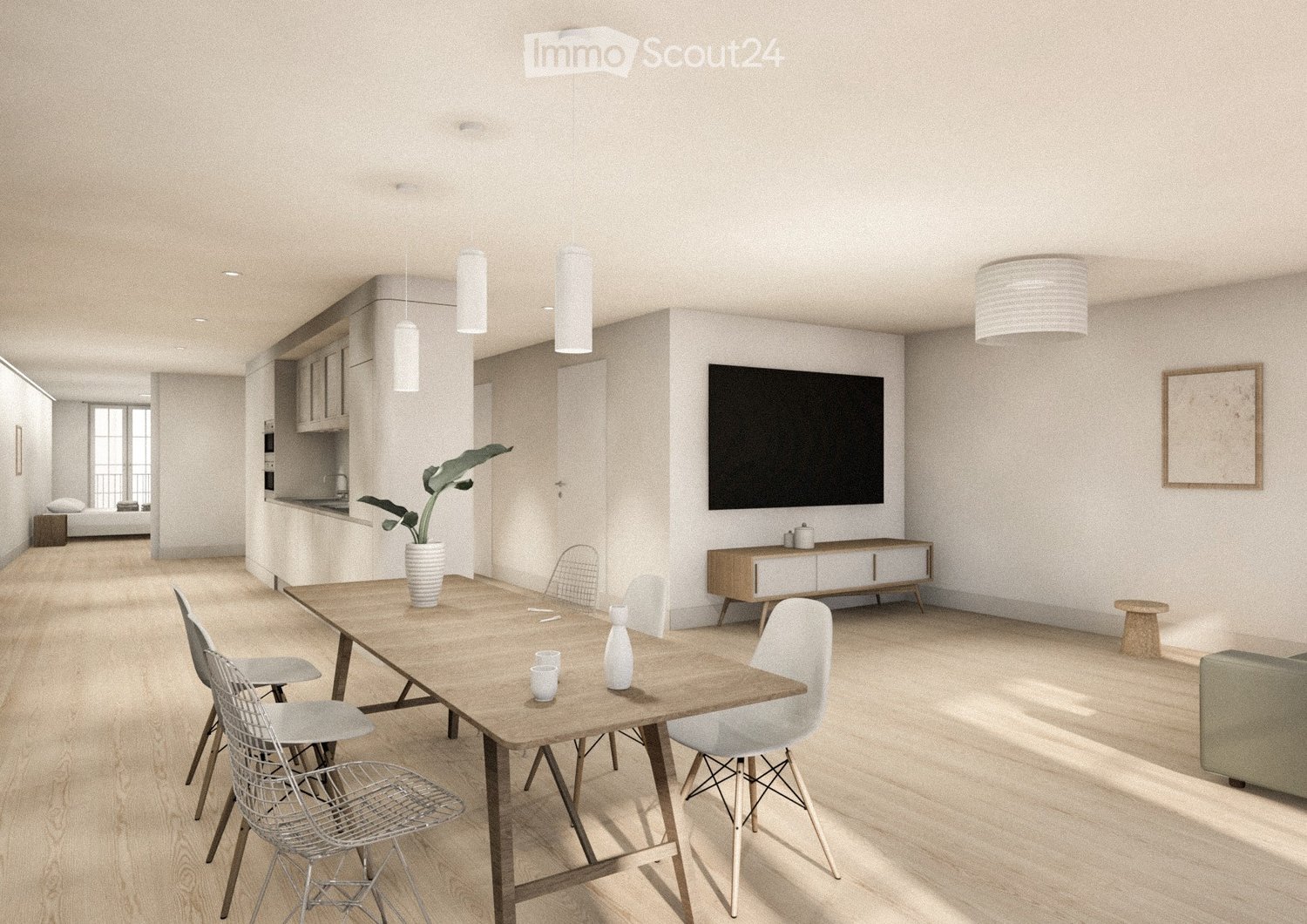 Dining area, TV, chairs, cabinet, kitchen area, countertop, window