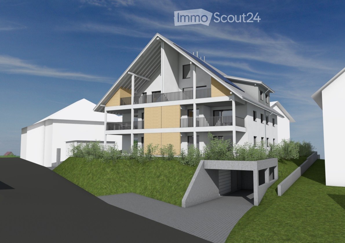 Two-story house, elevated ground floor, solar panels, balconies, green lawn, driveway