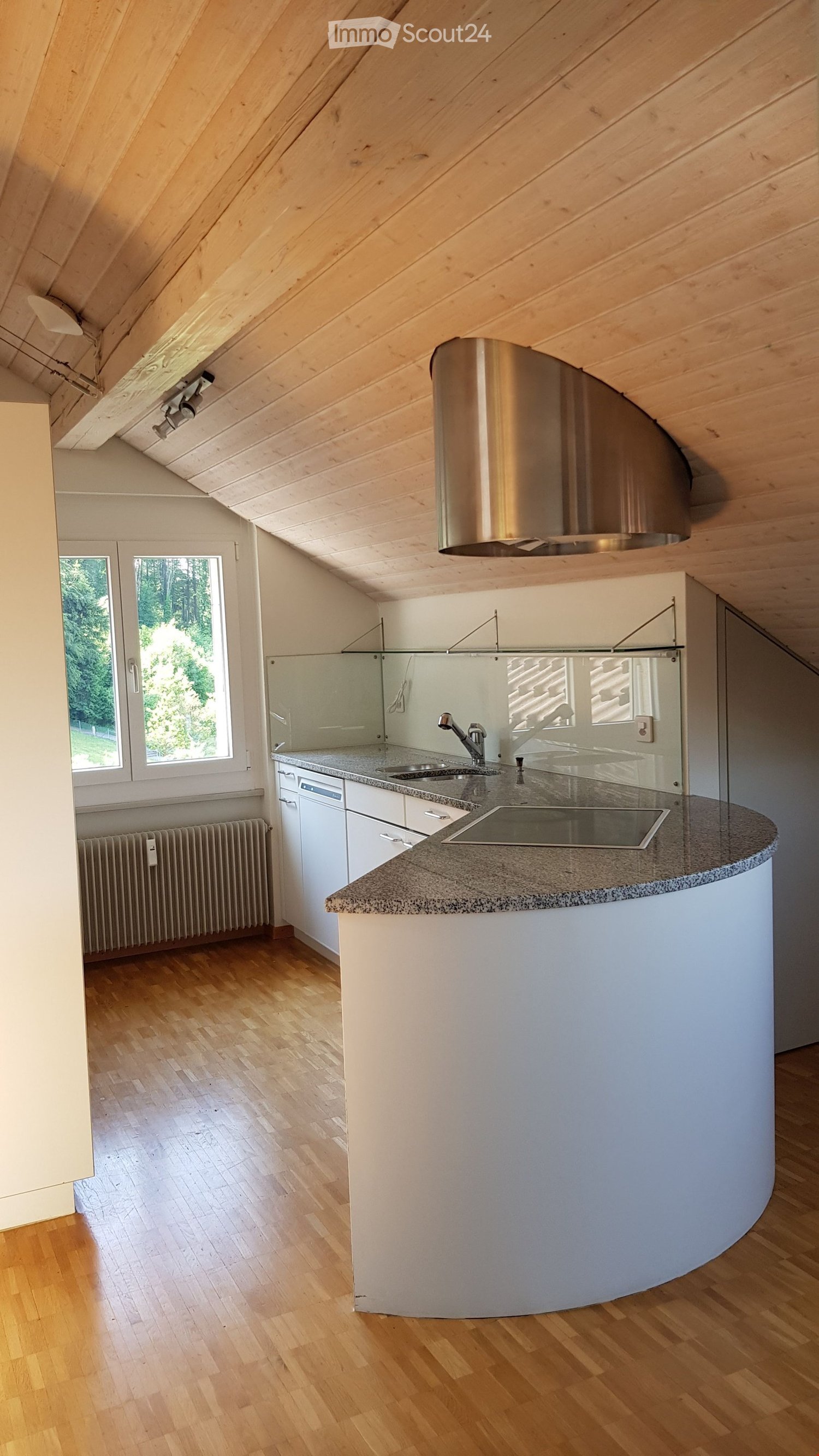 Wooden floor, ceiling with lights, L-shaped counter, dishwasher, gas stove