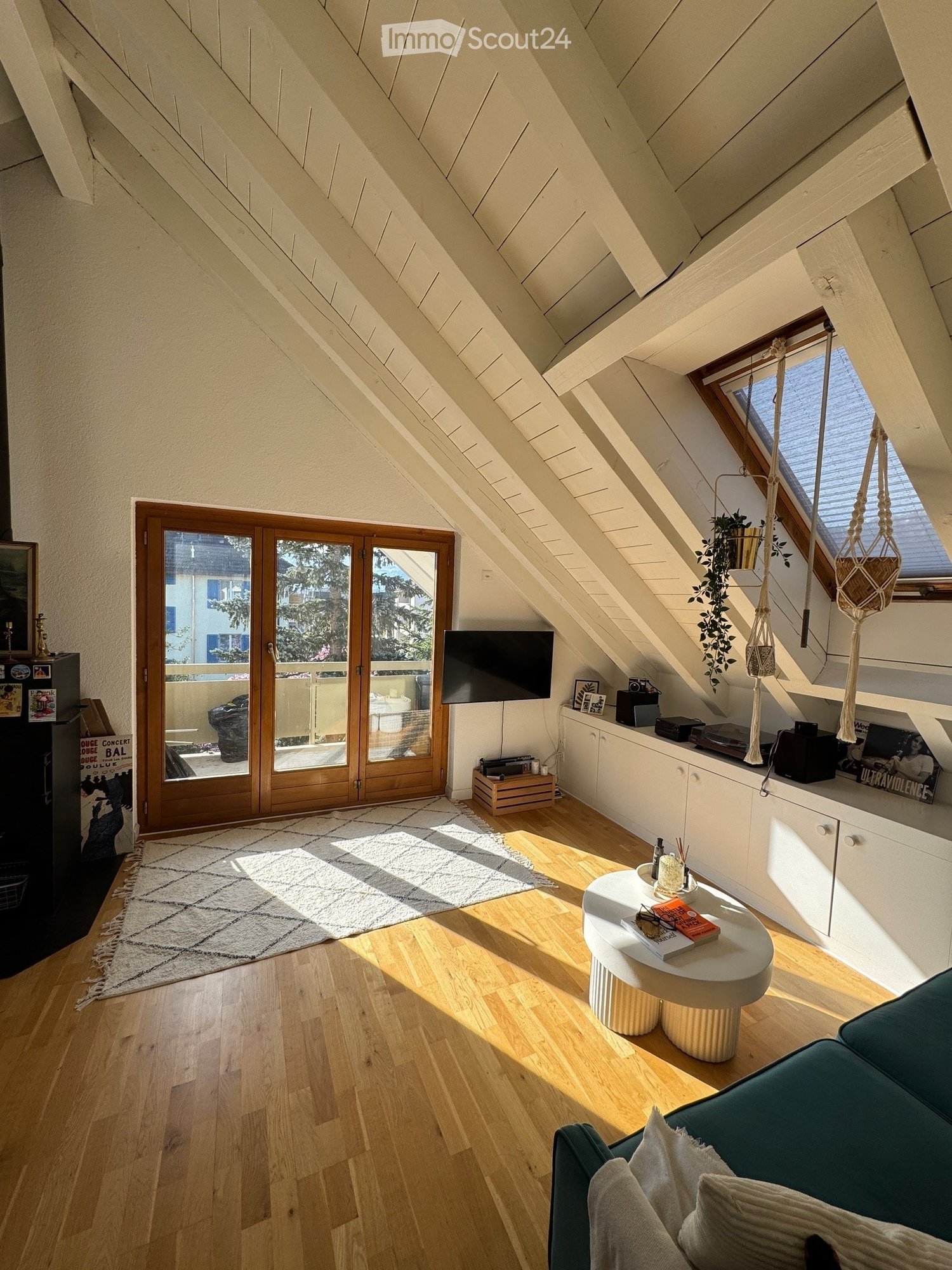 Wooden floor, white walls, ceiling with exposed wooden beams, double doors to a balcony, white rug, TV on wall, low table with books, white and green cabinets, a hanging plant and decorative items.