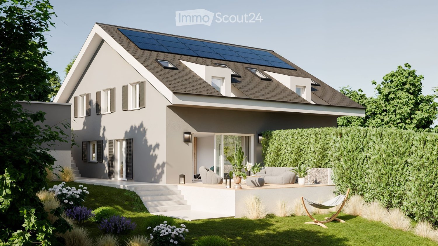 House with solar panels on the roof, garden, patio with hammock, patio furniture, plants