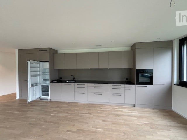 Wooden floors, gray cabinets, black countertops, open refrigerator, modern oven and dishwasher