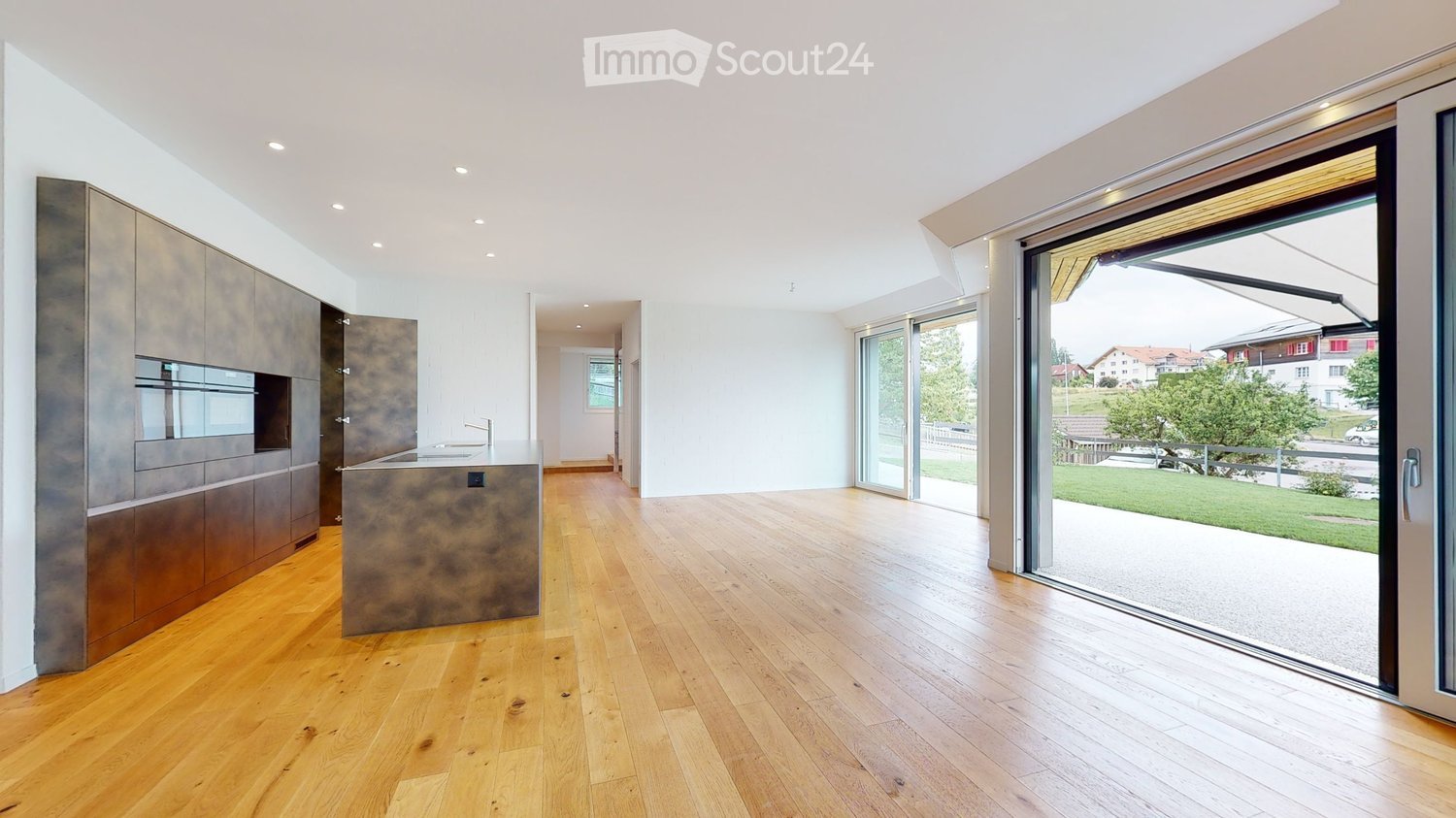 kitchen, large windows, terrace, wooden floors