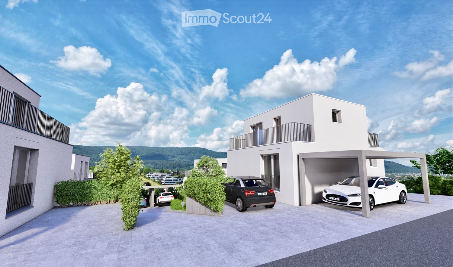 detached house, raised ground floor, two levels, garage with pergola, balcony, driveway, parking space