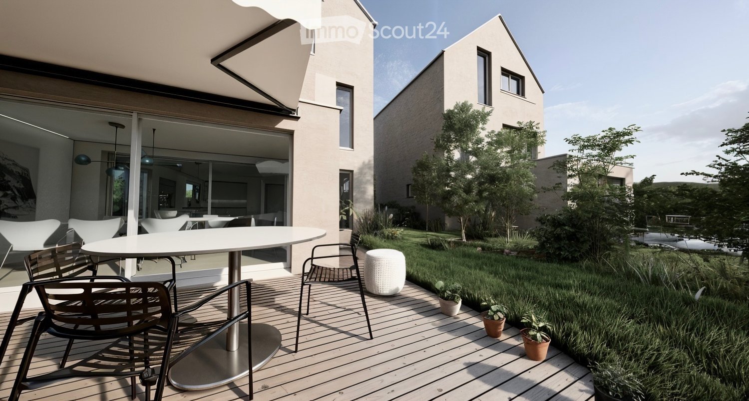 modern house, beige walls, large windows, covered balcony, outdoor table and chairs, garden with trees and plants