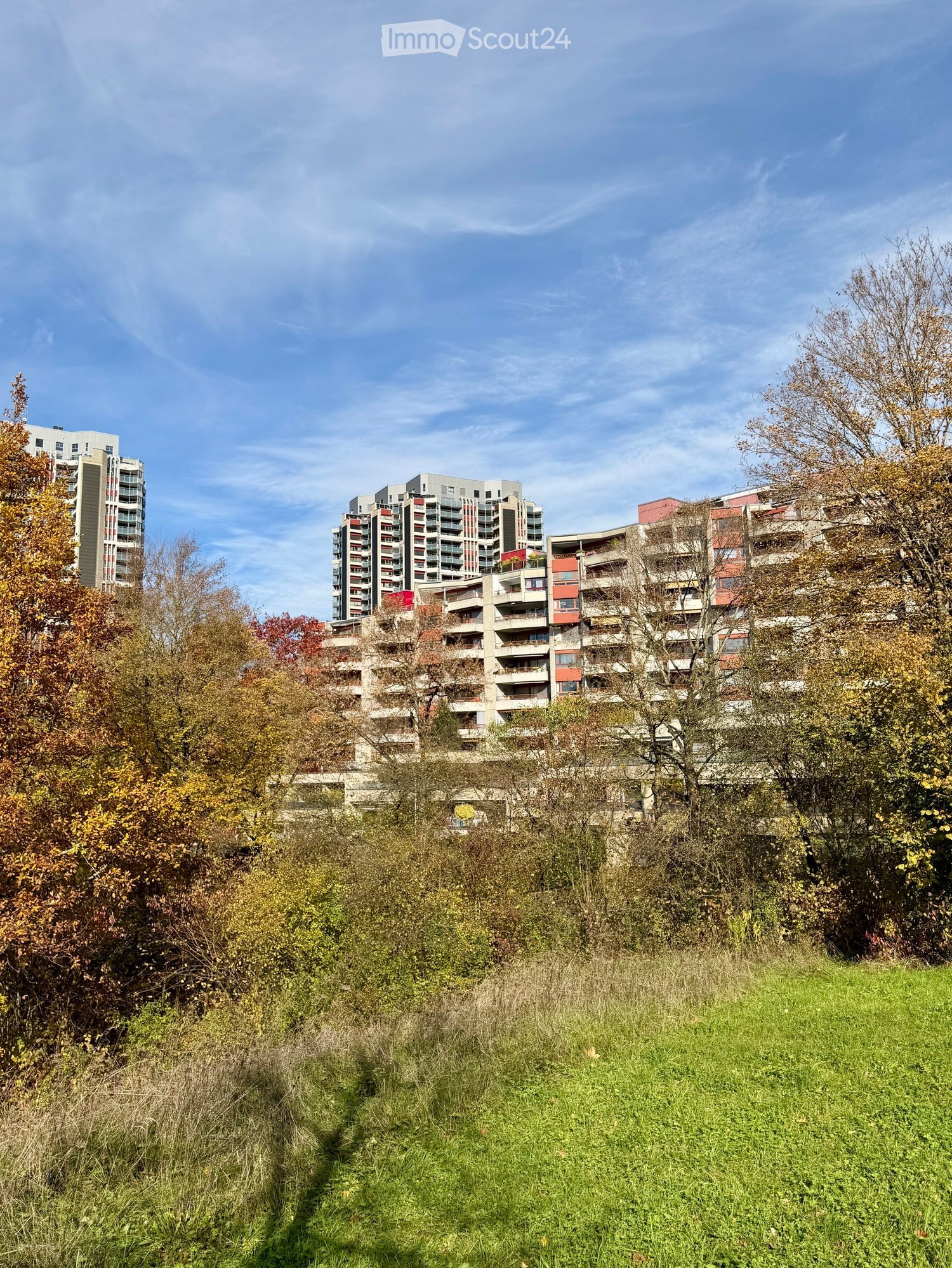 Multi-storey building, trees, shrubs, green grass, clear blue sky