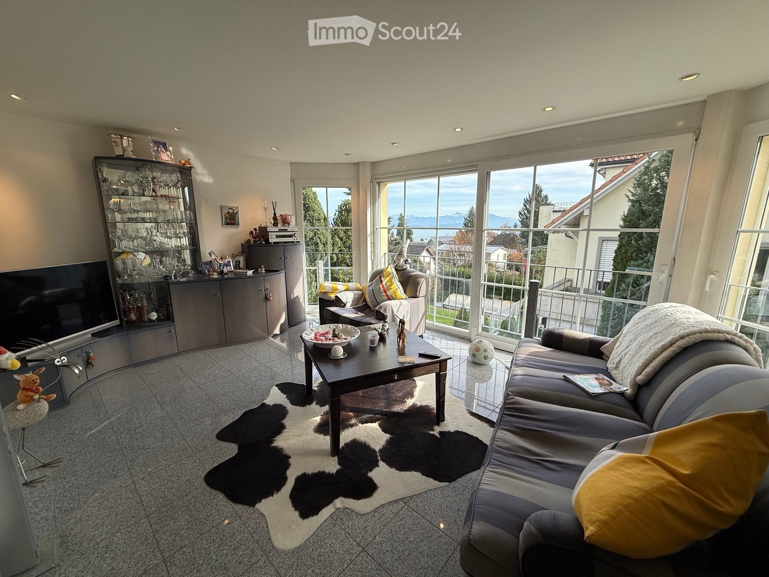 two sofas, central table, cow hide rug, balcony, full length windows