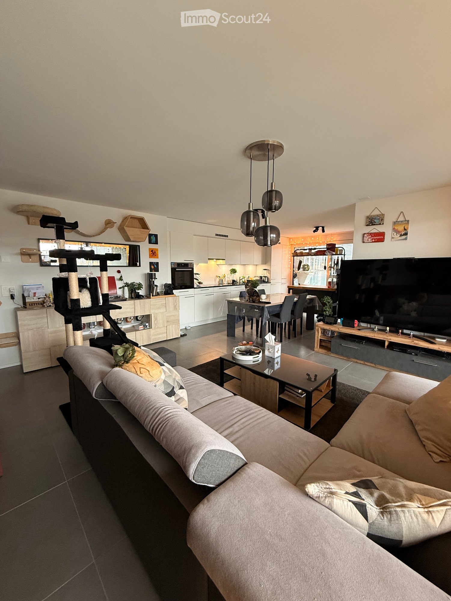 Cozy L-shaped sofa, dining table, coffee table, flatscreen TV, kitchen with dishwasher, dishwasher, and views of an open layout.