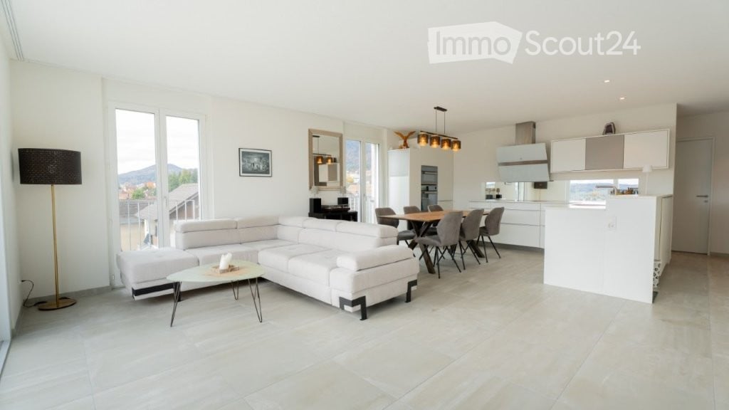 white furniture, floor-to-ceiling windows, white tiles, white kitchen, white sofa