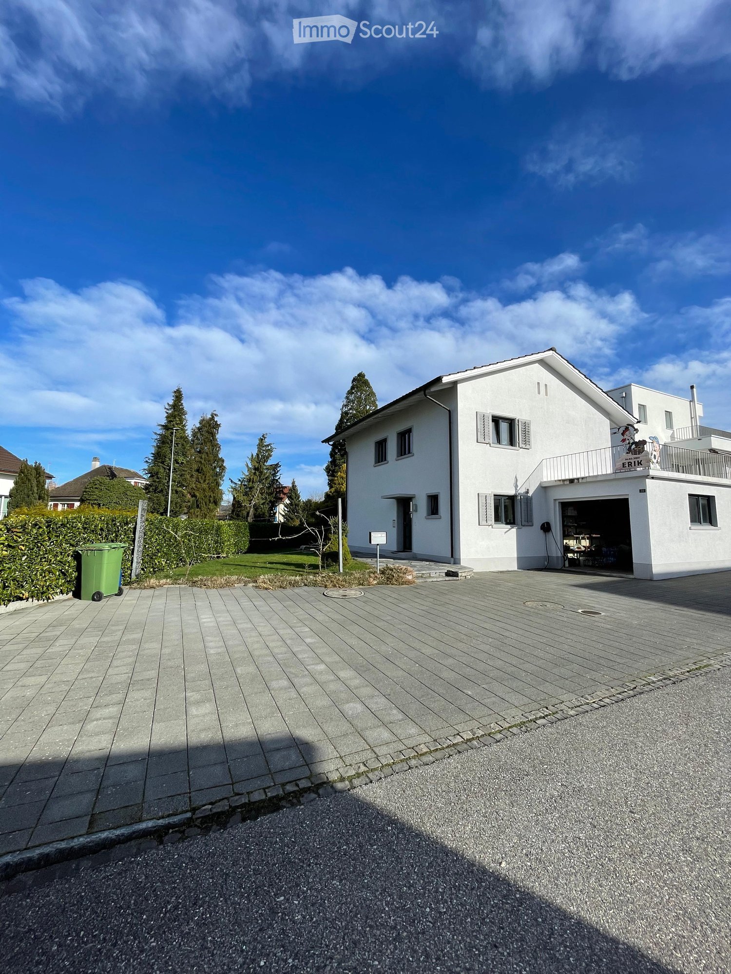 Modern white house, garage, parking space, front garden, street view