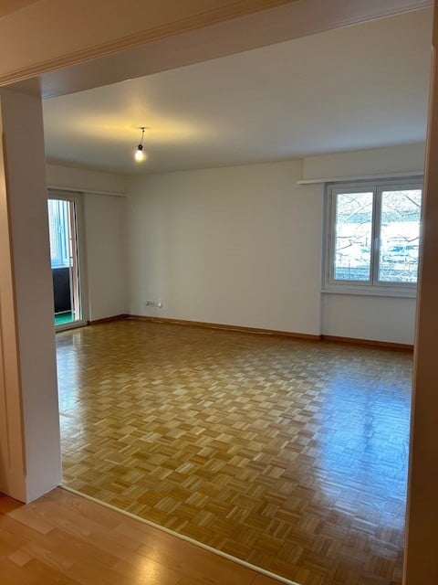 empty room, wooden floor, white walls, glass sliding door, windows, ceiling lamp