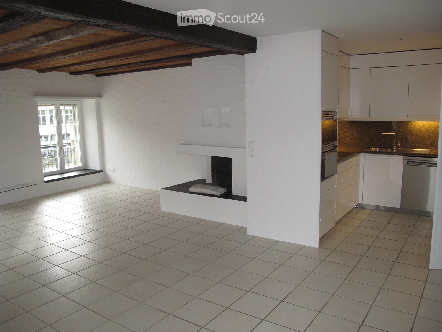 fireplace, modern kitchen with stove, dishwasher, large windows