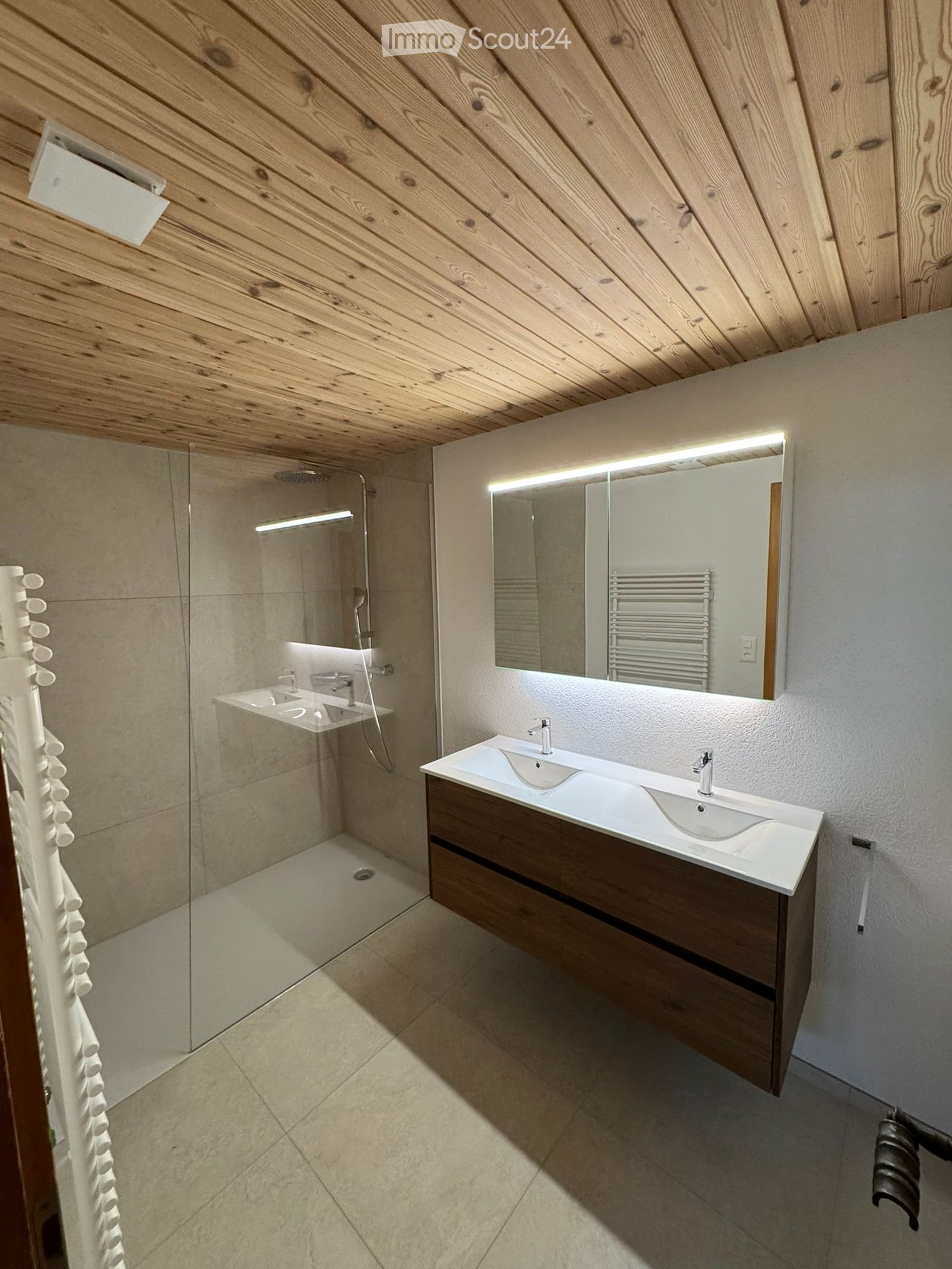 The bathroom features wooden ceiling, two sinks with faucets, a shower with a glass door, a large mirror with lighting, and a built-in wooden cabinet.