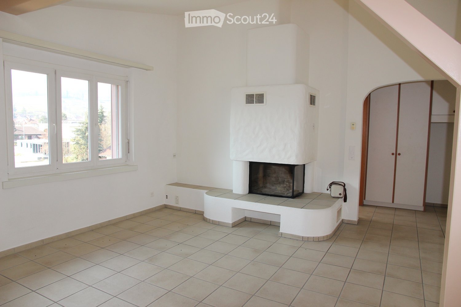 white walls, tiled floor, fireplace, glass window, power outlets