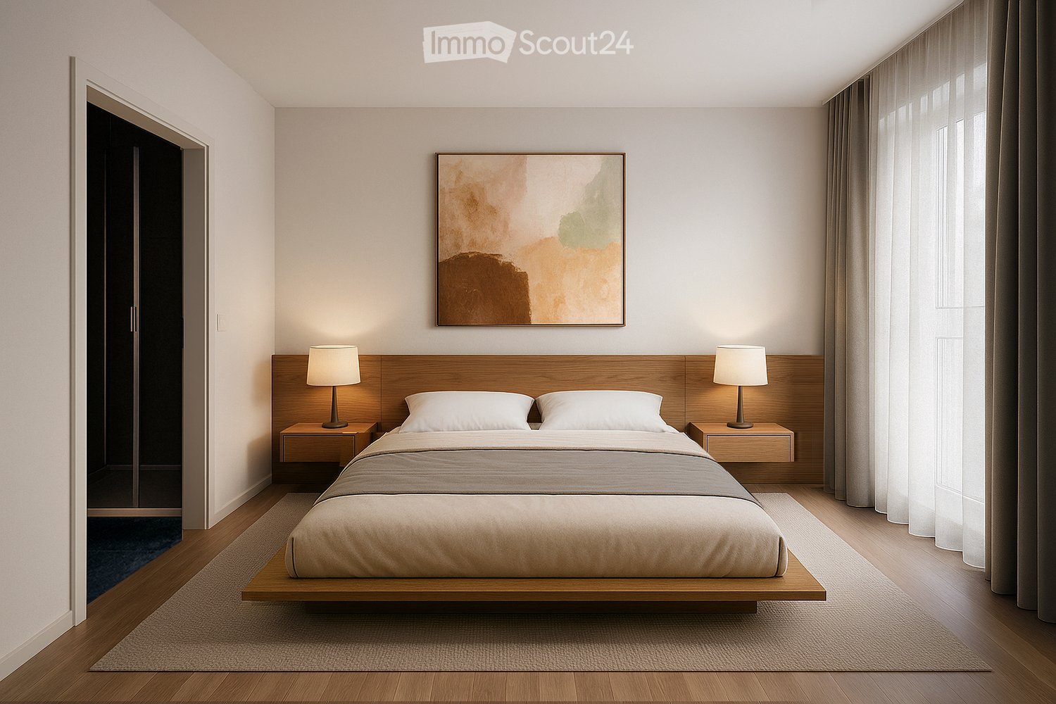 Bedroom with large bed, wooden nightstands, lamps, carpet, white walls, open closet, picture frame